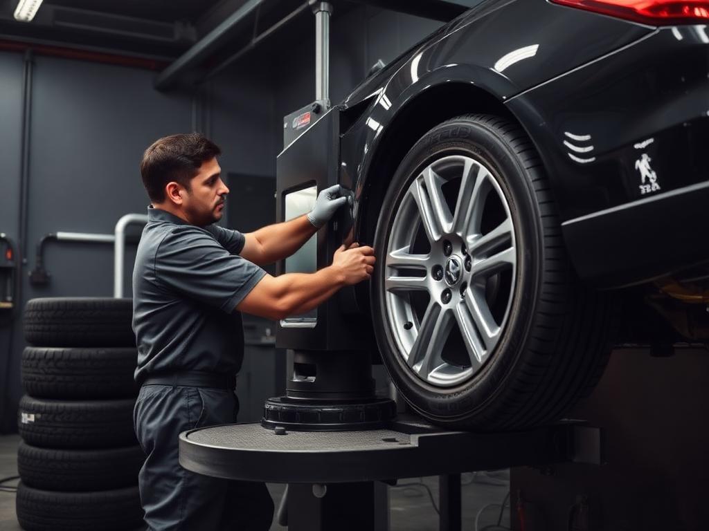 Técnico realizando reparo de pneu em máquina de troca