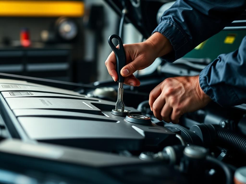 Mecânico realizando manutenção no motor de um veículo